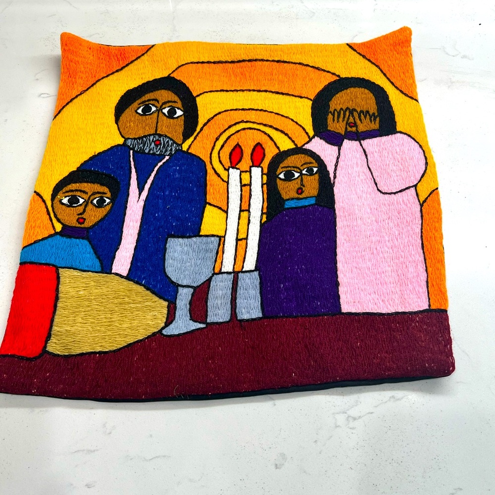 Vintage Handmade Ethiopian Embroidered Pillow Case/Shabbot Shalom 17x15